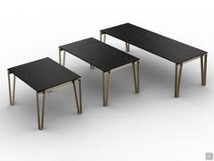 Table à rallonge Logan présentée en plusieurs versions, toutes avec pieds en métal peint bronze et plateau en mélaminé HPL noir impérial. De gauche à droite : table carrée 90x90, table rectangulaire 120 cm avec rallonge de 45 cm, table 140 cm avec rallong