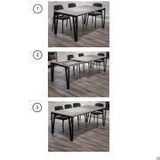 Séquence d'ouverture de la table : 1) plateau fermé, sans rallonges 2) ouverture du cadre sous le plateau avec rallonge placée à l'intérieur 3) plateau avec rallonge latérale complètement déployée
