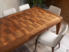 Vue de dessus des deux extensions, chacune d'une largeur de 50 cm, également en bois lambrissé avec incrustation de noyer naturel assortie au plateau.