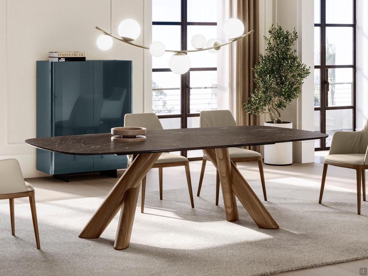 Table avec pieds croisés en bois de Palladium, avec plateau en céramique Breccia Imperiale mate