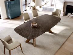 Vue de dessus de la table Palladium avec plateau dans l'élégante finition céramique mate Breccia Imperiale
