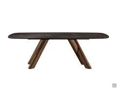 Table Palladium avec pieds en bois croisés en finition Noyer Canaletto et plateau en céramique Breccia Imperiale mate