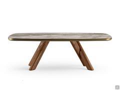Table à pieds croisés en bois Palladium avec plateau en céramique Silver Root mat et bord en bois laqué bronze mat