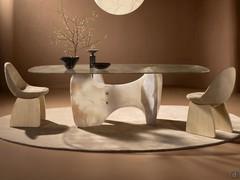 Base en pierre d'onyx - la pierre d'onyx fascine par ses jeux de lumière, de transparences et de reflets, atténués par le plateau en verre terracotta qui confère une présence scénique inimitable.