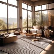 Tapis de rideau dans un salon moderne et raffiné, caractérisé par des tons chauds de brun et de bois.