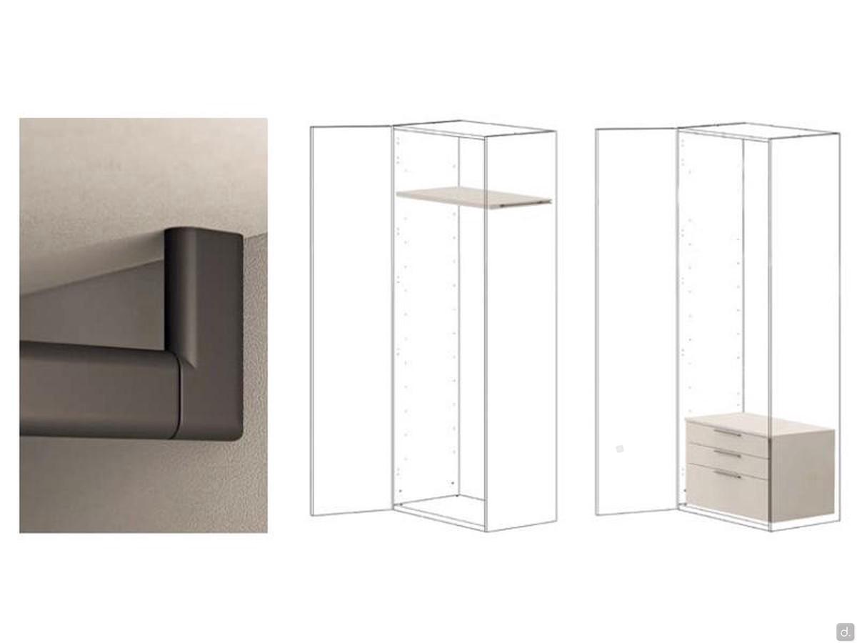 Attrezzature interne per armadio battente Midley Wide Fast: sono disponibili cassettiere con 2 cassetti ed un cestone e ripiani e tubi appendiabiti aggiuntivi