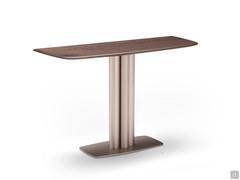 Consolle da ingresso Bahia, con basamento a colonna in acciaio verniciato Iron Pink e piano in rovere impiallacciato tinto