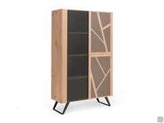 Vetrina Cordoba con un'anta in vetro grigio fumé e due ante battenti in legno, con inserti geometrici in tessuto o metallo verniciato