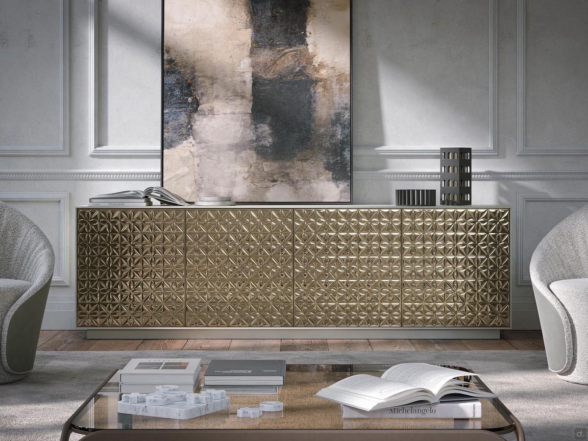 Credenza di design in vetro bronzo specchiato Amira, qui mostrata con ante lavorate con motivi floreali