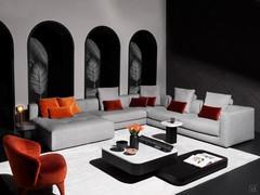 Divano angolare con chaise longue, una delle tante soluzioni realizzabili con il sistema modulare e altamente personalizzabile che offre Omega