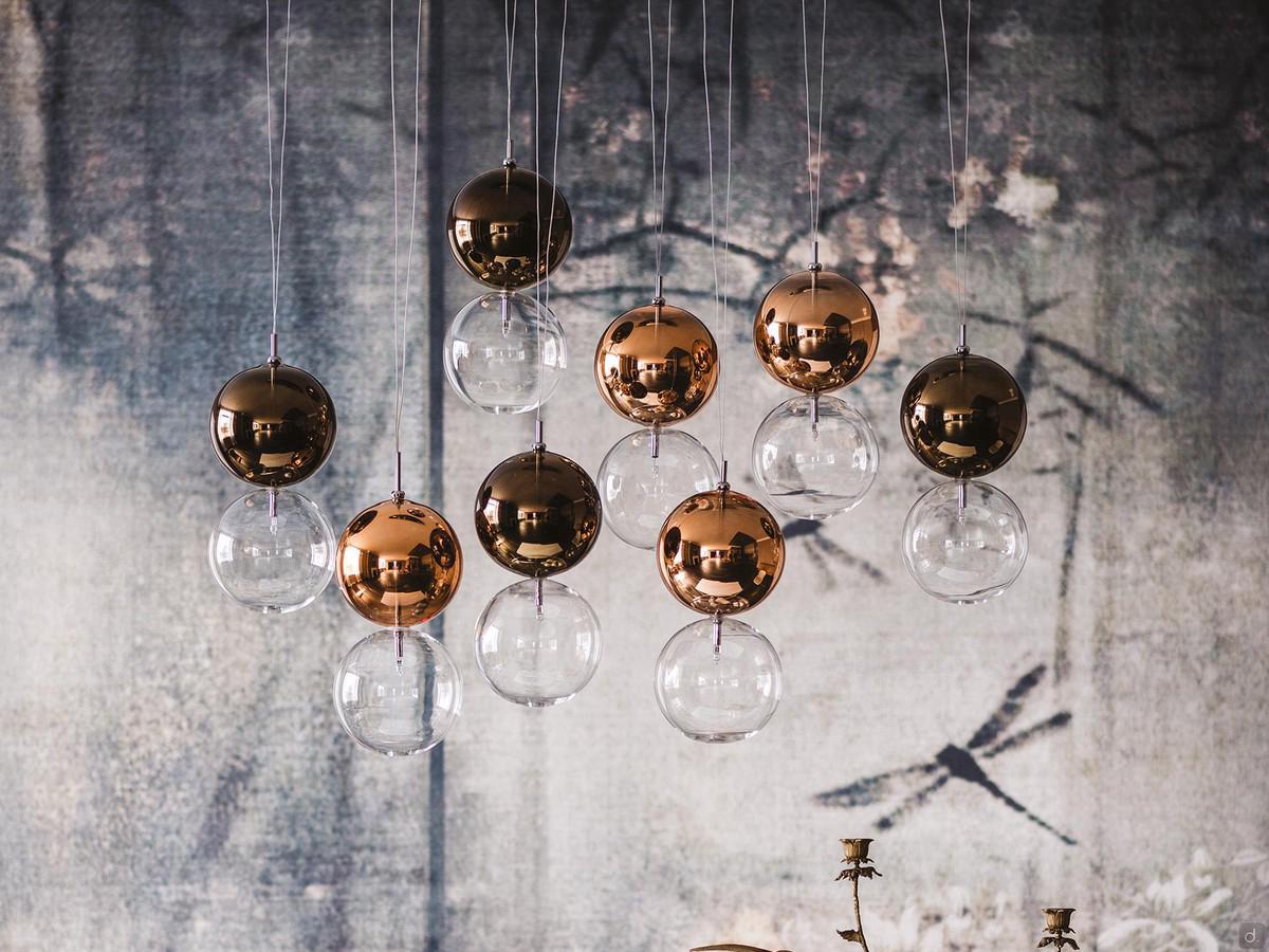 Lampada a sospensione con doppia sfera Apollo di Cattelan, con paralume in vetro verniciato e trasparente