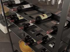 Dettaglio dei ripiani portabottiglie in lamiera verniciata antracite