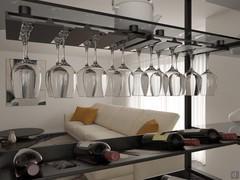 Dettaglio dei portabicchieri da 8 calici ciascuno, qui realizzati in metallo verniciato antracite in tinta al resto delle parti metalliche