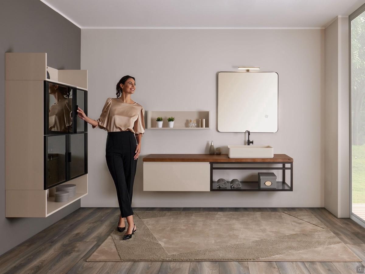 Mobile bagno da 190 cm Atlantic N115 - completo di composizione pensili vetrina e vani giorno. Finiture coordinate in laccato opaco K2 Thala-Ru e metallo alluminio nero