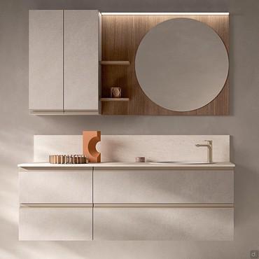Arredo bagno sospeso con mensole e specchio N116 - Atlantic - composizione in nobilitato effetto pietra 285 Mud con specchiera in nobilitato effetto legno 283 Cumin - Lavabo in ceramica bianca lucida