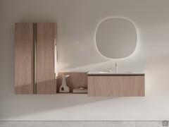 Arredo bagno sospeso con vano giorno N121 Atlantic - pensile, vano giorno e base con cestone coordinate in nobilitato effetto legno 277 crunchy con specchio Wave