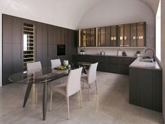 Cucina moderna a U Plan Loto 02 con cantinetta vini e pensili vetrina