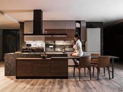 Cucina lineare con isola e tavolo integrato