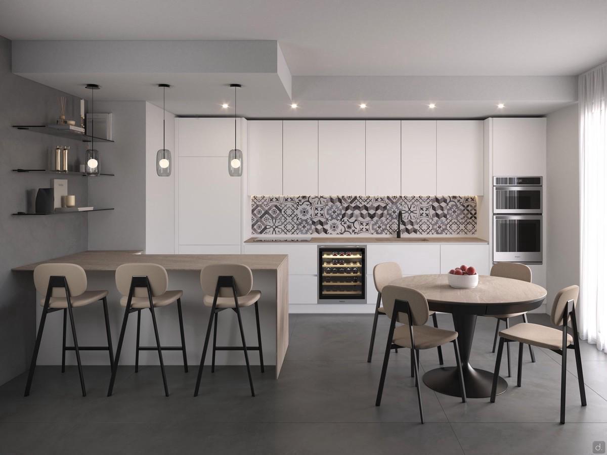 Cucina bianca con penisola in laminato e piano top in HPL