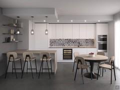 Cucina bianca con penisola in laminato e piano top in HPL