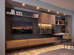 Parete attrezzata con scrittoio integrato Freehand 13 outlet, con doppia vetrina, pensili, vano libreria e contenitori sospesi