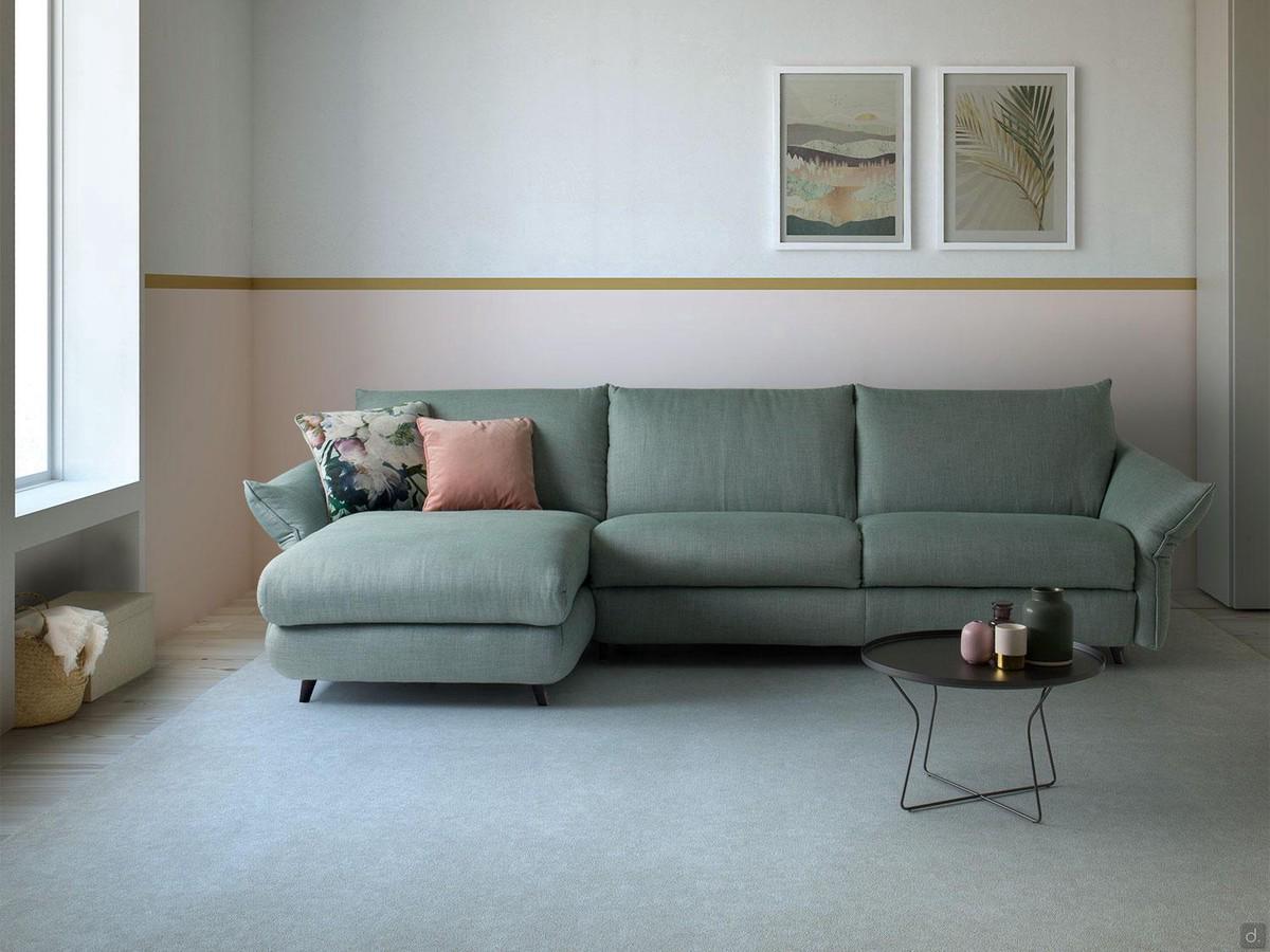 Divano letto alto da terra Dover outlet con braccioli regolabili e chaise longue contenitore