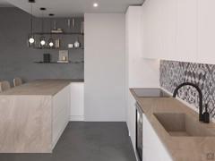 Cucina Klab 10 outlet con piano in HPL che ricopre anche il fianco della penisola a "L"