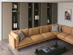 Composizione di colonne armadio Lounge e librerie a colonna Patchwork, in un salotto con il divano angolare Aker e il tavolino Cerian