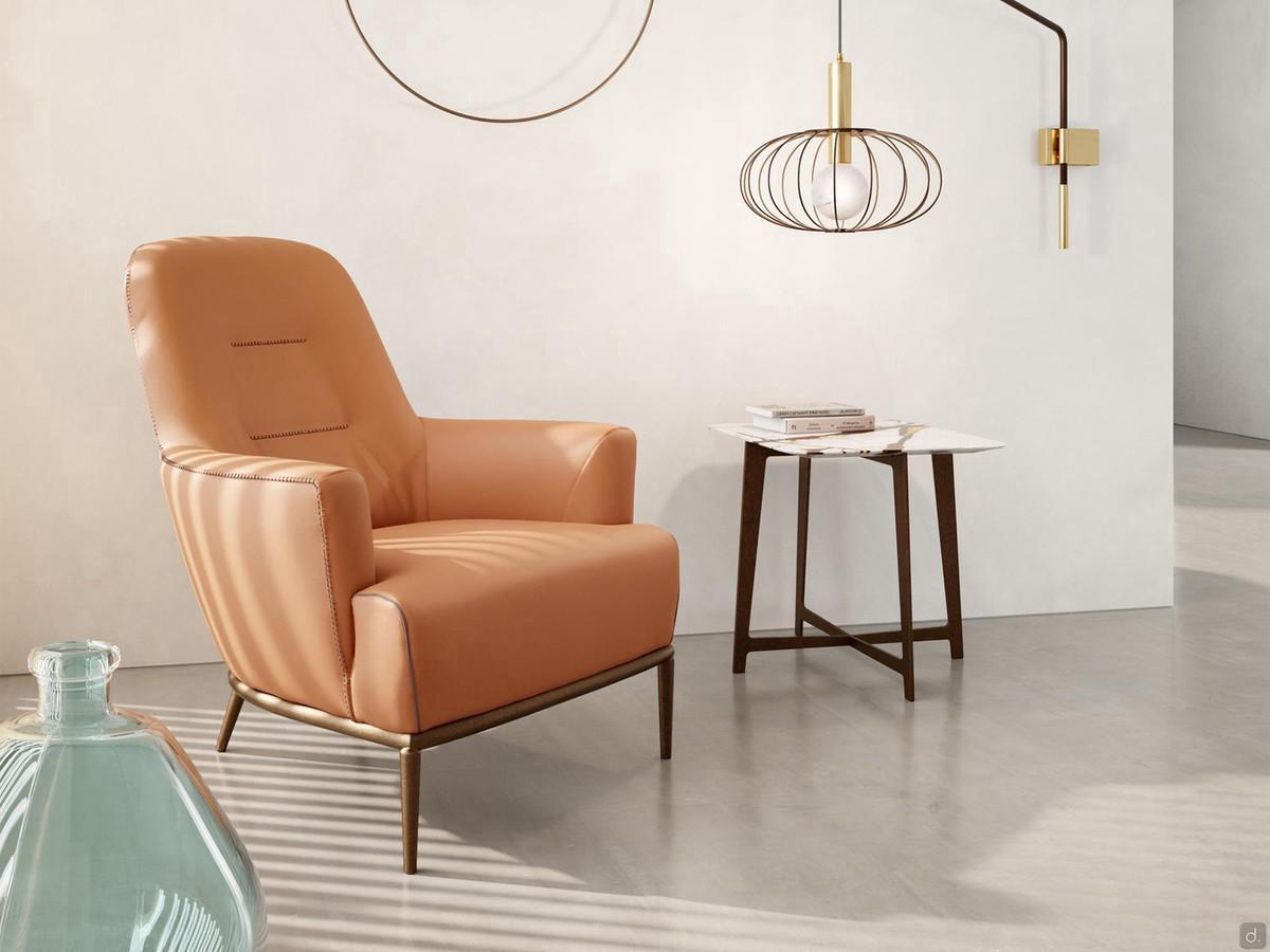 Poltrona da lettura con schienale alto René, qui proposta con rivestimento in pelle