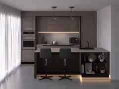 Render fotorealistico di una moderna e lussuosa cucina lineare con isola a muro. Progetto cucina 160126.