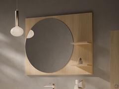 Specchiera con mensole laterali Screen, con specchio rotondo iscritto in una cornice rettangolare in nobilitato, laccato o legno