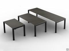 Tre formati in cui è disponibile il tavolo David, tutti con piano in laminato FC90 Concreta e basamento in metallo verniciato nero. Da sinistra a destra: rettangolare fisso 120 x 90 cm, rettangolare allungabile da 140 a 185 cm e da 140 a 275 cm