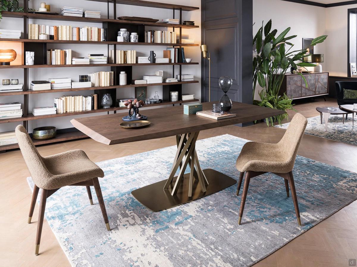 Tavolo allungabile in legno con base a spirale Belize - piano rettangolare sagomato in legno. Disponibile anche con bordo dritto, inclinato o irregolare effetto "legno scortecciato"