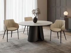 Tavolo Miles rotondo con splendido piano in vetro ceramica opaca travertino. Base in metallo verniciato nero
