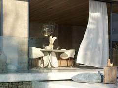 Tavolo in MDF Maxime con rivestimento in argilla spatolata nella più chiara delle finiture disponibili, la AR09 Oslo