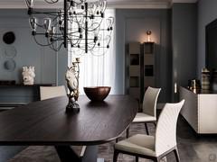 Particolare del piano a botte impiallacciato rovere bruciato e del sottopiano bisellato laccato opaco graphite