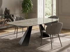 Tavolo moderno in vetro ceramica Shore nel formato "a botte" fisso cm 200 in ceramica lucida blanc de blanc e basamento in metallo verniciato brushed titanio