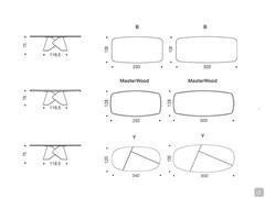 Schema dimensionale del tavolo Scott con piani in legno, nelle versioni B (bisellato), Masterwood (in massello listellare) e Y (bisellato con inserti a contrasto)