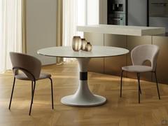 Piano in vetro ceramica travertino e basamento in metallo bianco ed inserto verniciato oro