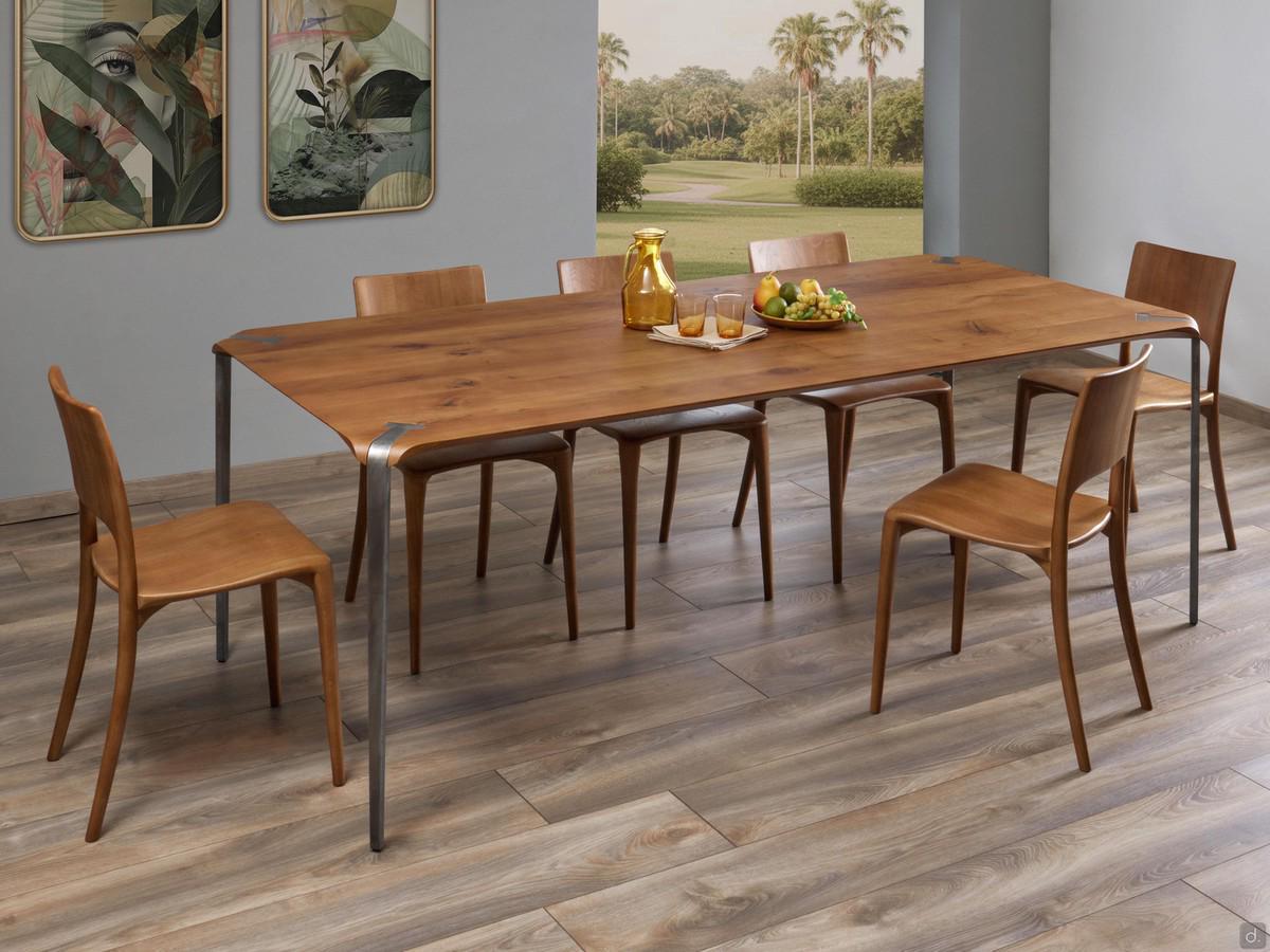 Tavolo industrial chic Belem nel formato rettangolare fisso da 220 x 100 cm in massello di rovere tinto Vintage e gambe perimetrali in metallo ossidato Decor