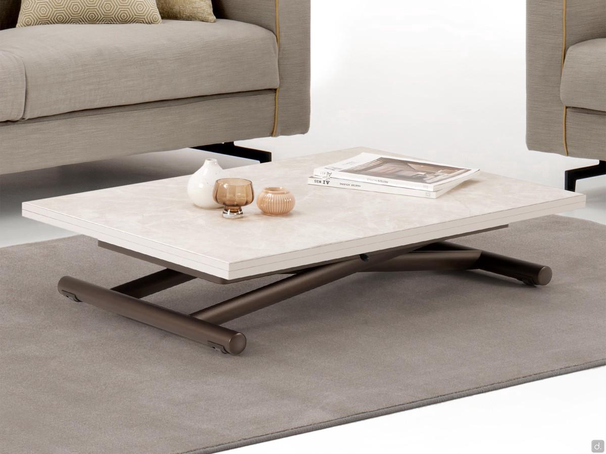 Tavolino trasformabile Bento con alzata a gas nella versione 110 x 68 cm che si trasforma in tavolo da pranzo da 136 x 110 cm