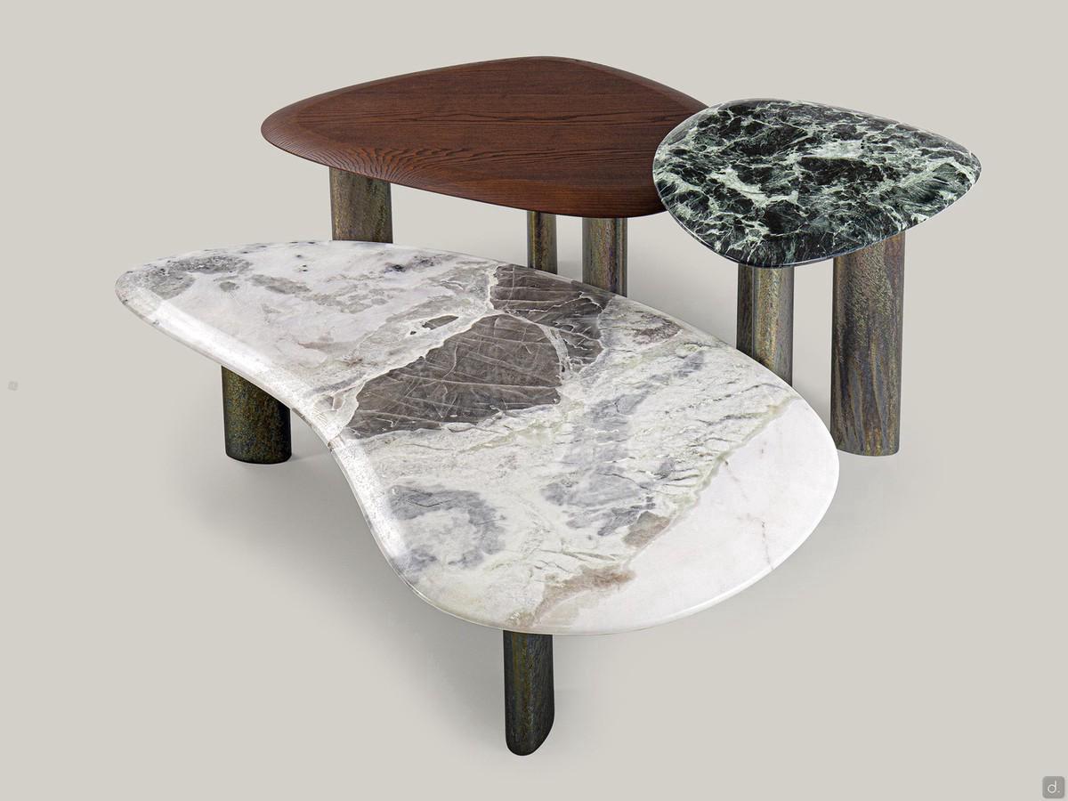 Tavolino in marmo da salotto Dedalo, disponibile anche con piano in legno in tre dimensioni e altezze
