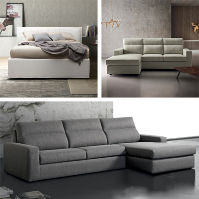 Leather, fabric, faux leather sofas, armchairs and upholstered beds