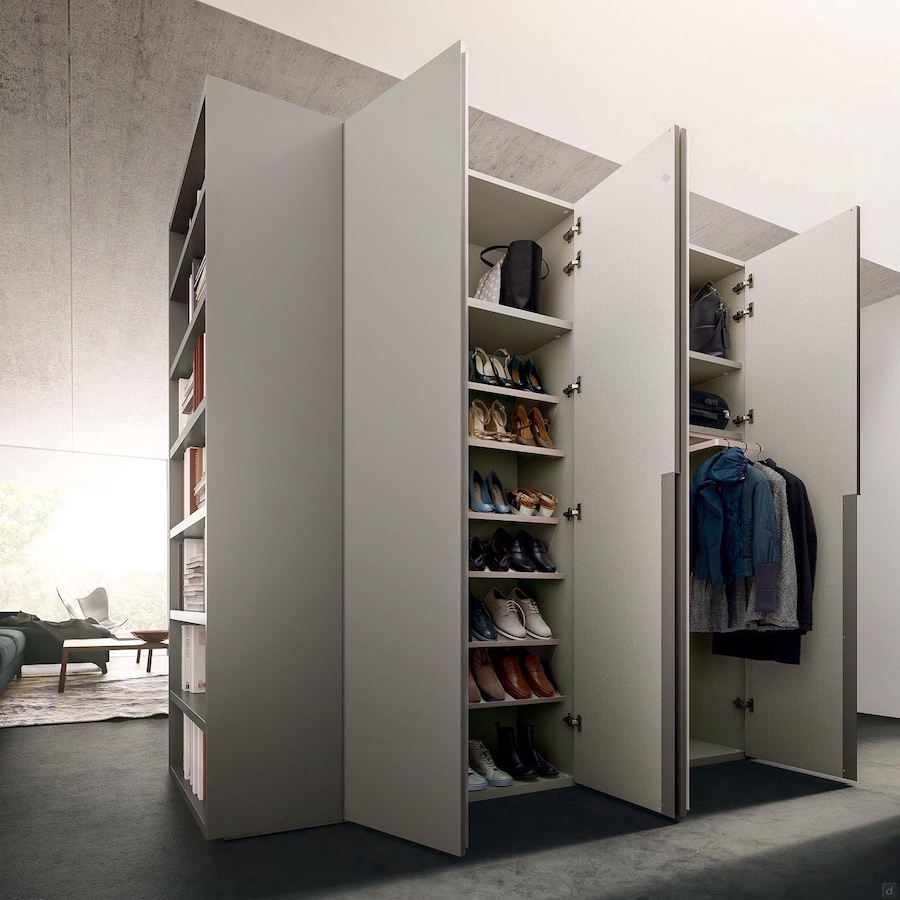 armoire de séparation ouverte avec module à chaussures, penderie et terminal latéral bibliothèque