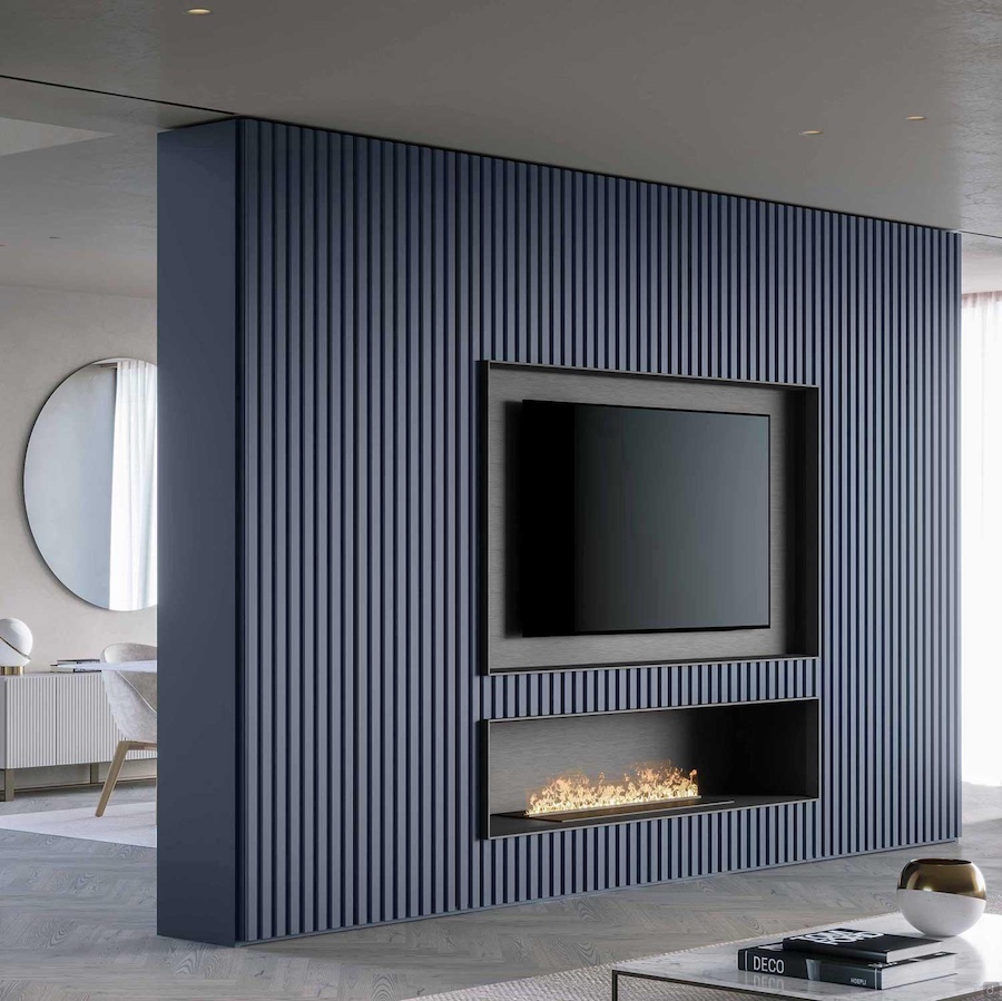 armoire de séparation bleue laquée avec niche TV et fausse cheminée