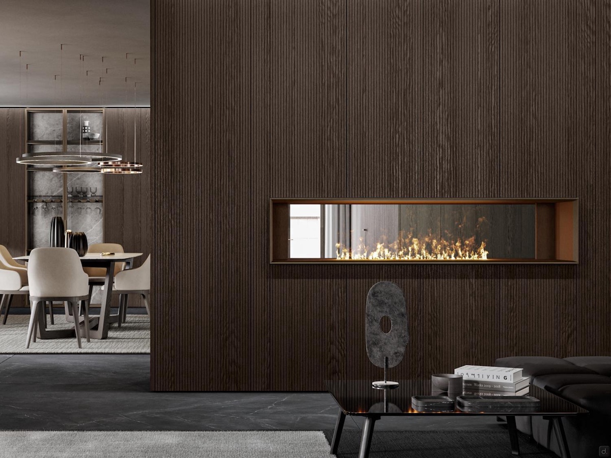 Armoire de séparation en bois cannelé avec fausse cheminée