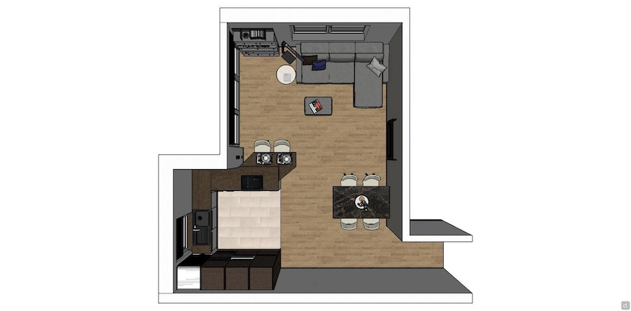 Projet pour un espace ouvert de 30 m² : vue du haut