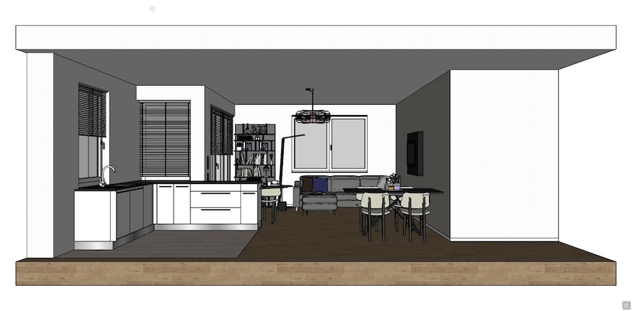 Espace ouvert avec cuisine et salon : vue latérale