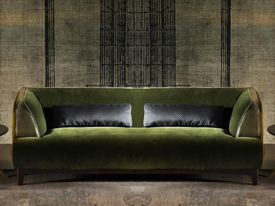 canapé avec dossier bas en velours vert Goya
