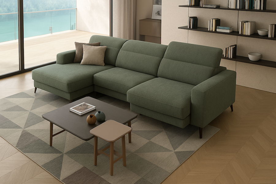 canapé avec méridienne et assise coulissante vert olive Newport